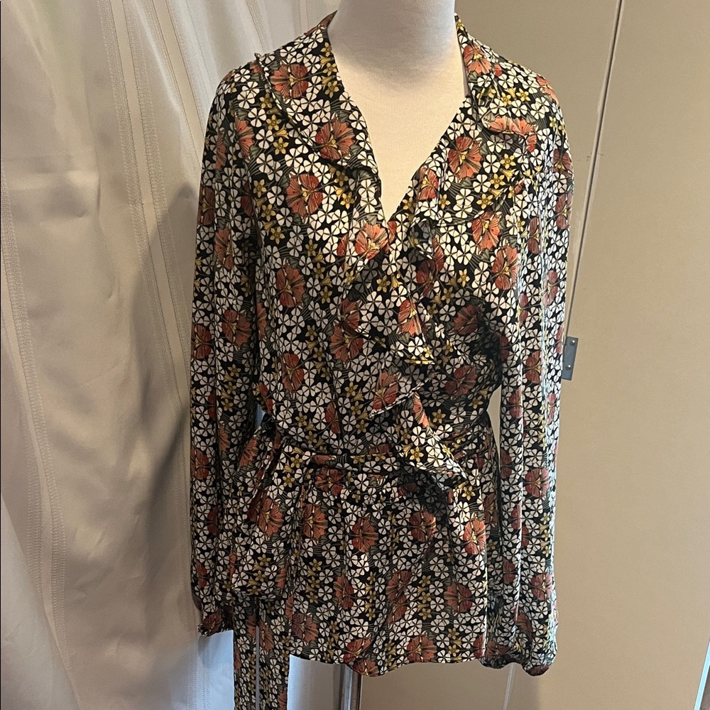Max Studio Floral Print Wrap Blouse - Black and Brown